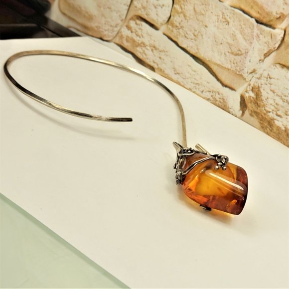 HUGE AMBER STERLING PENDANT WITH MEXICO SILVER WIRE, RARE GIFT FOR WOMEN - Picture 2 of 13